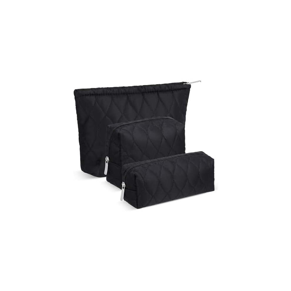Black 3 Pcs Quilted Puffy Makeup Bag Set Â Waterdrop Travel Toiletry Pouch, Puffer Cosmetic Organizer With Zipper (Black)