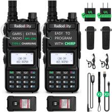 Pacote com 2 rádios GM-30GMRS de 5W, longo alcance, compatíveis com NOAA, com repetidor e cabo — compatíveis com Chirp
