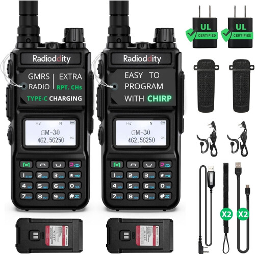 Pacote com 2 rádios GM-30GMRS de 5W, longo alcance, compatíveis com NOAA, com repetidor e cabo — compatíveis com Chirp