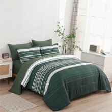 7-delige Bed in a Bag gestreepte dekbedset, Queen, wit/grijs/groen microvezel, geschikt voor alle seizoenen (donkergroen, Queen)