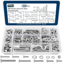 260Pcs 304 SS Hex Bolts Assortment Kit (1/4-20, 5/16-18, 3/8-16), Nuts, Washers, Full Thread, with Case