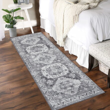 Tapis de couloir vintage 60 x 180 cm, lavable en machine, aspect vieilli, antidérapant, à poils courts, gris, idéal pour couloir, cuisine, chambre