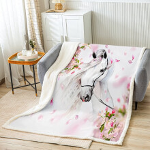 Plaid en sherpa rose poudré à motif floral aquarelle et chevaux blancs, 102 x 127 cm, en polaire douce et moelleuse, idéal pour le lit, le canapé