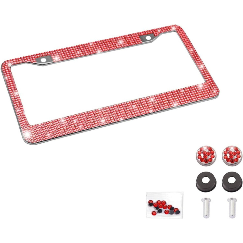 Bling Rhinestone License Plate Frames For Women Â Rust-Proof Metal, Compatible With Standard Plates Red 9329345050367