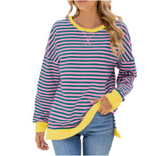 Top de verano amarillo de manga larga para mujer 2024. Top de mujer de manga larga con cuello redondo y estampado de rayas, de poliéster, talla XXL.