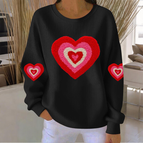 Felpa da donna a coste con scollo rotondo e cuore per San Valentino, lunga 1