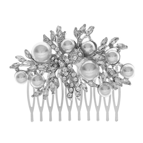Pente de cabelo prateado com strass e pérolas, 7 cm 2