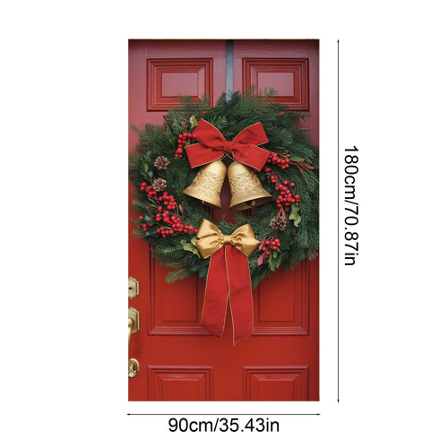 Guirlanda natalina para porta com sinos dourados e laço vermelho, 71x35 polegadas (180x89 cm). 2