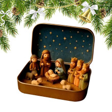 Kleine Krippe in Blechdose, Taschenformat, Jesusgeburt-Dekoration, Weihnachtskrippe-Ausstellung, Dekoration für Zuhause, Büro, Schlafzimmer