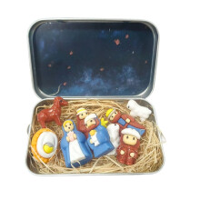 Presépio de Natal em Caixa de Lata, Presépio Portátil Artesanal com Miniaturas, para Mesa, Escritório e Casa