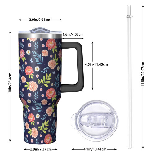 Ποτήρι Pioneer με 40oz, μονωμένο με λαβή και σχέδιο λουλουδιών, καπάκι και καλαμάκια 1
