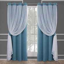 Talia Double Layer Indoor Curtains, Sheer and Room Darkening Blackout, Grommet Top, Energy Efficient, 2-Pack Set, 52"x84", Turquoise