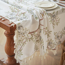 Tassel Floral & Birds Print Tablecloth – Imitation Linen, Dirt-Proof, Rectangular, for Dining/Coffee Table & Party Use