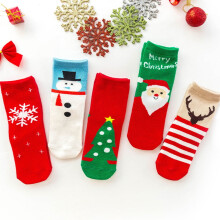 5 Pairs Christmas Festive Socks for Kids in Red Cotton Warm 20-23cm