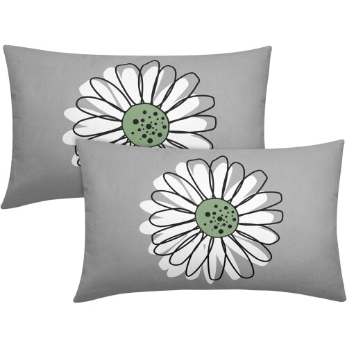 Conjunto de 2 capas de almofada verde-sálvia com margaridas brancas, 30x50cm (12x20 polegadas).
