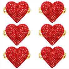 Ronds de serviette en forme de cœur rouges, lot de 6, strass et paillettes émaillées