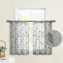 Grey Sheer Kitchen Curtains 30 X 24 Inch Length 2 Panels Embroidered Leaf Pattern Short Curtains for Small Window Valance Tiers