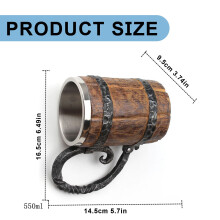 550ml Wooden Barrel - Shaped Beer Mug, Stainless Steel Double - Wall Beer Stein with Resin Handle Coffee