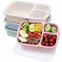 Lot de 4 boîtes à lunch Bento, 3 compartiments, paille de blé, compatibles micro-ondes et lave-vaisselle, couleur claire