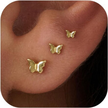 14K Gold Plated Flat Back Stud Earrings for Women 3 Pair