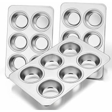 3-Piece Stainless Steel Muffin Pan Set, 6-Cup Cupcake Tray, Oven & Dishwasher Safe, Non-toxic, 11.44"x7.12"x1.25"