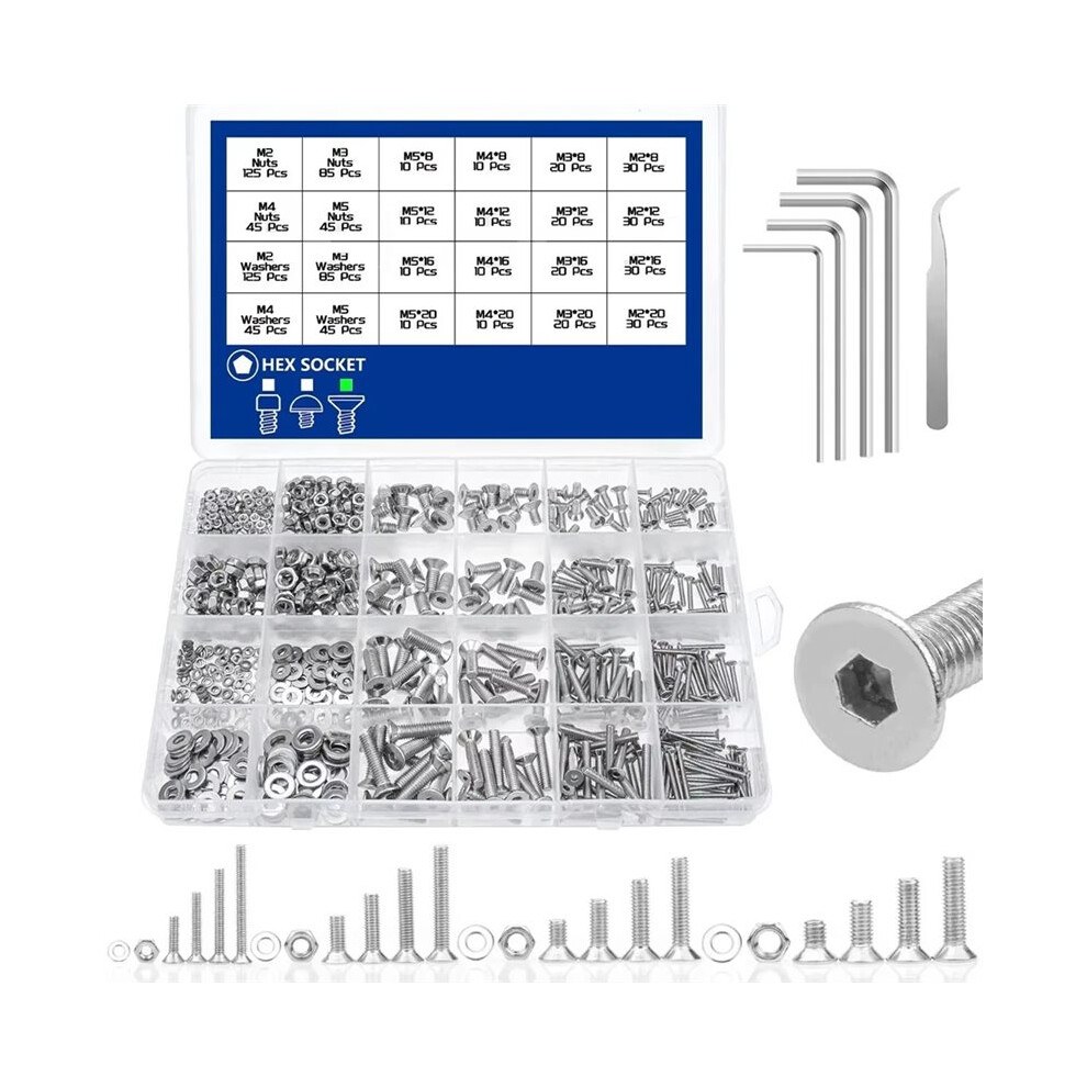 880Pcs Stainless Steel 304 Hex Socket Flat Screws Assortment Kit M2 M3 M4 M5 Countersunk Bolts Set With Storage Box 4713607105721