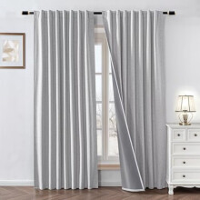 100% Blackout Curtains 90" L, 2 Panels, Faux Linen, Off-White, W52xL90, Back Tab & Rod Pocket, Thermal Insulated