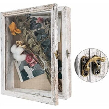 8x10 Shadow Box Frame with Linen Back & Real Glass Door – Rustic White Memory Box for Wedding Bouquet, Medals, Photos – Compatible with Standard