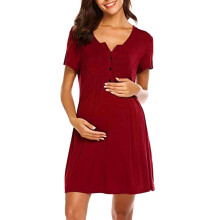 Maternity Nursing Dress for Women Button Nightgowns Short Sleeve Crew Neck Breathable Loungewear for Summer Sleep Red XL