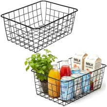 Farmhouse Kitchen Wire Baskets Set of 2, Black Metal Food Storage Organizers with Handles, Compatible with Pantry & Refrigerator