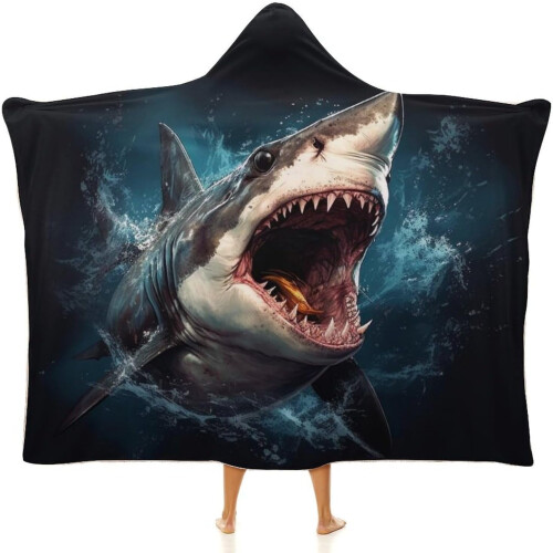 Shark Fleece-teppe med hette for barn og voksne
