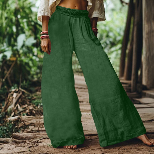 Γυναικείο παντελόνι Boho με φαρδιά μπατζάκια και τσέπη, από μονόχρωμο λάστιχο στη