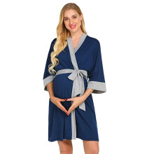 Robe de nuit de maternité à manches 3/4 pour femme, idéale pour l'allaitement. Chemise de nuit avec ceinture, bleue, taille 2XL.