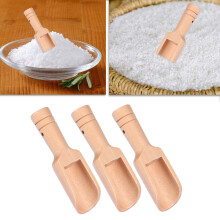 Lot de 3 mini cuillères doseuses en bois à manche rond, idéales pour la cuisine et la pâtisserie, notamment pour le sel et les bonbons.
