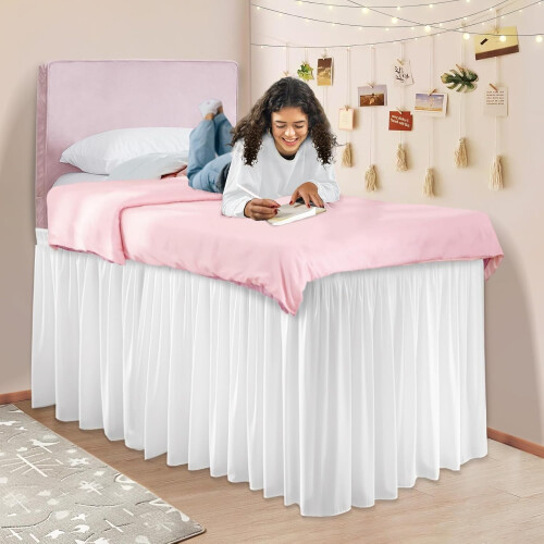 Φούστα κρεβατιού κοιτώνα Twin-XL, 42" με χαμήλωμα, προ-συρρικνωμένη λευκή φούστα με