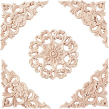 fiori triangolari centrali + 1 applicazione rotonda in legno intagliato, decorazione per mobili non verniciata per porta d'ingresso/armadio - Colorata
