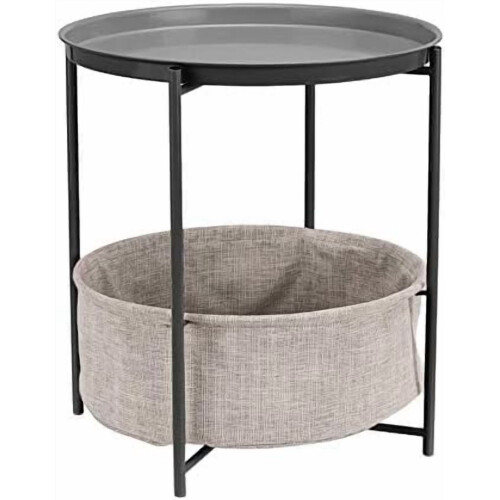 Round End Table with Cloth Basket Charcoal Gray 17.7 in