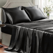 Kingsize satijnen lakenset – 6-delige kreukvrije zwarte satijnen zijden bedlakens, 1 hoeslaken, 1 plat laken, 4 kussenslopen