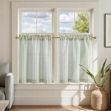 Striped Linen Kitchen Tier Curtains, 24" L, Sage Green, Farmhouse Modern Cafe Style, Light Filtering, Rod Pocket, 2 Panels, Compatible with Standard