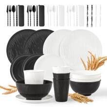 48-Pc Imitation Rock Wheat Straw Dinnerware Set for 4, Unbreakable & Dishwasher Safe, Black & White — Compatible with Standard Dishwashers