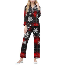 Damespyjamaset met kerstprint en knoopsluiting, zachte en elastische nachtkleding, maten S-2XL, perfect te combineren met feestelijke loungewear.