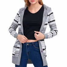 Gilet à capuche doublé pour femme - Imprimé bohème, manteau boutonné avec poches, chaud pour l'automne et l'hiver, gris XXXL
