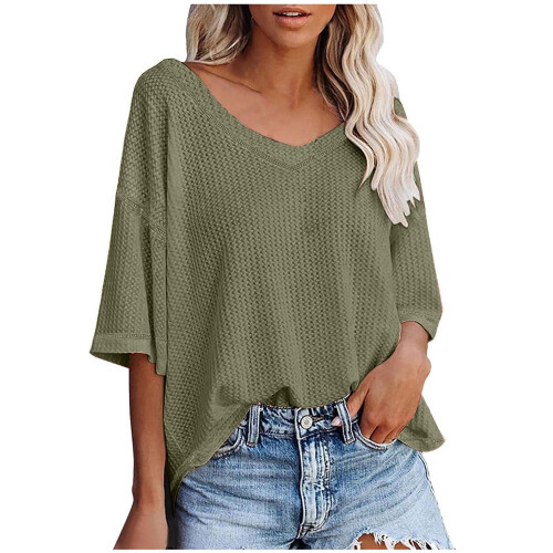 Γυναικεία oversized μπλουζάκια QLEICOM με V-Neck, χαλαρά casual τοπ, στρατιωτικό πράσινο,