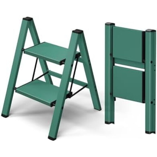 Aluminum 2-Step Ladder Lightweight Folding Stool Green