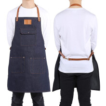 Chefschort, denim schort met leren band, keukenschort met 3 zakken, kookschort voor bakker, barman, barbecuechef, werkkok, uniform