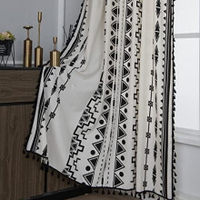 Rideau bohème noir et blanc 150 x 213 cm, imprimé géométrique en coton et lin, passe-tringle, semi-occultant, pompons, 1 panneau, compatible avec