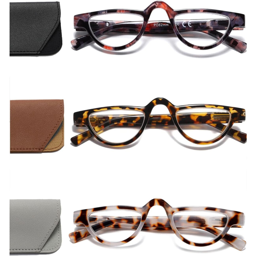 3 Pairs Plastic Retro Half Moon Frame Reading Glasses Lightweight Spring Hinge Women and Men Reader Leopard print/Leopard print/Leopard print +2.5