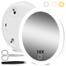 Miroir grossissant 10x avec éclairage, 3 couleurs et luminosité réglable, format voyage 10 cm, 3 ventouses, pince à épiler et ciseaux – Blanc