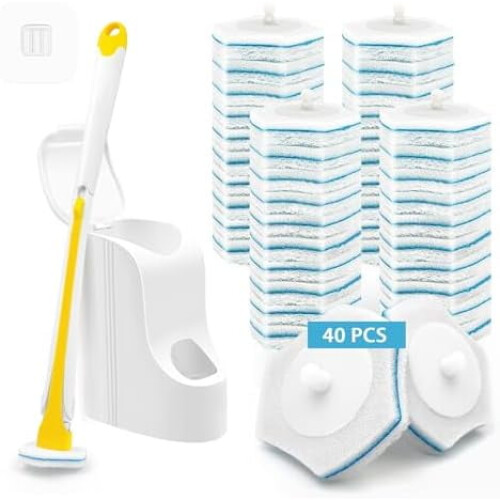 Disposable Toilet Brush Set with 40 Refills & Wall Mount