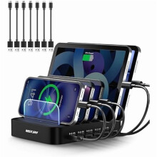 Estación de carga USB-A de 5 puertos para iPhone, iPad y tabletas – Compatible con iPhone, iPad, incluye 7 cables, color negro.
